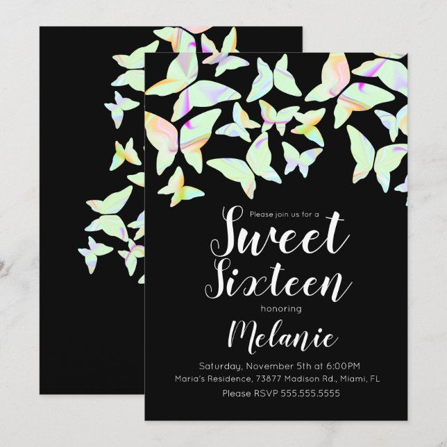 Invitation Papillons holographiques Sweet sixteen coloré (Devant / Derrière)