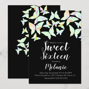 Invitation Papillons holographiques Sweet sixteen coloré