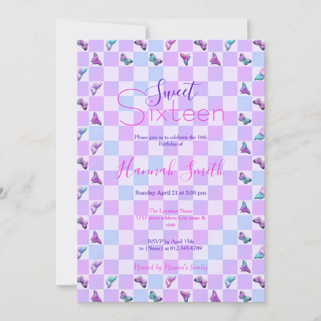 Invitation Papillons holographiques tableau de bord pourpre (Devant)