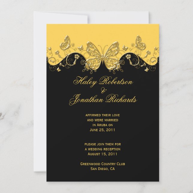 Invitation Papillons Jaune Noir Or Mariage Postérieur (Devant)