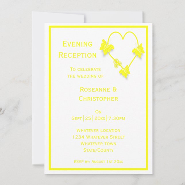 Invitation Papillons jaunes Accueil de mariage de coeur (Devant)
