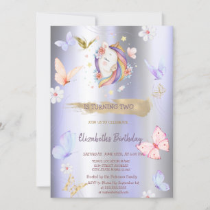 Invitation Papillons Licorne Violet Métallisé Anniversaire