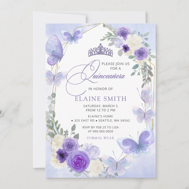 Invitation Papillons Lilac Floral Russe Quinceanera (Devant)