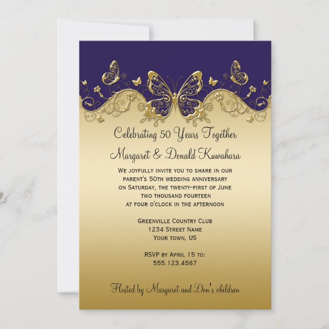 Invitation Papillons mauve foncé et or 50e anniversaire (Devant)