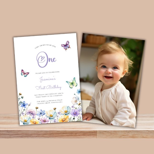 Invitation papillons mignon photo 1er anniversaire fleur sauv (cute wildflower double sided fully editable first birthday card)