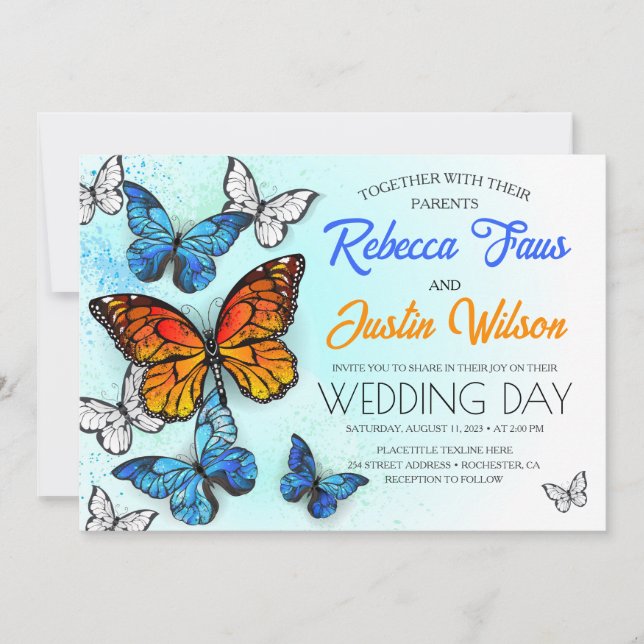 Invitation Papillons Morpho et Monarque Bleus et Orange (Devant)