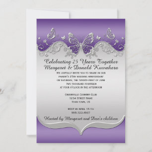Invitation Papillons Ornés Argent Violet 25e Anniversaire