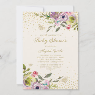 Invitation Papillons Pailletés Or Fleurs Rose Violet Bébé