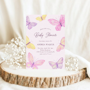 Invitation Papillons Pastel Rose violet Baby shower élégant
