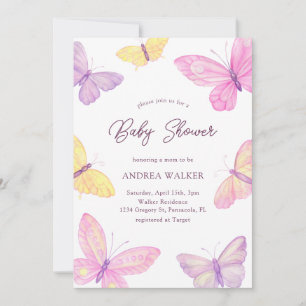 Invitation Papillons Pastel Rose violet Baby shower élégant
