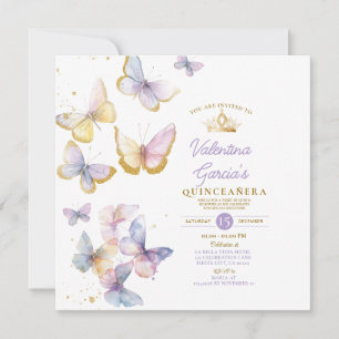 Invitation Papillons pourpres Quinceañera 15 Anos Gold Crown
