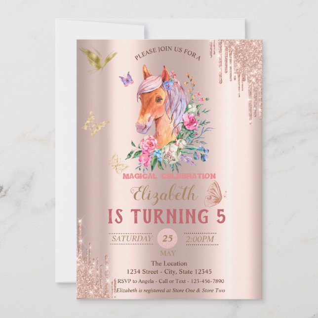 Invitation Papillons Pretty Pony Rose Gold Drips Anniversaire (Devant)