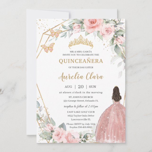 Invitation Papillons princes rose pâle Quinceañera (Devant)