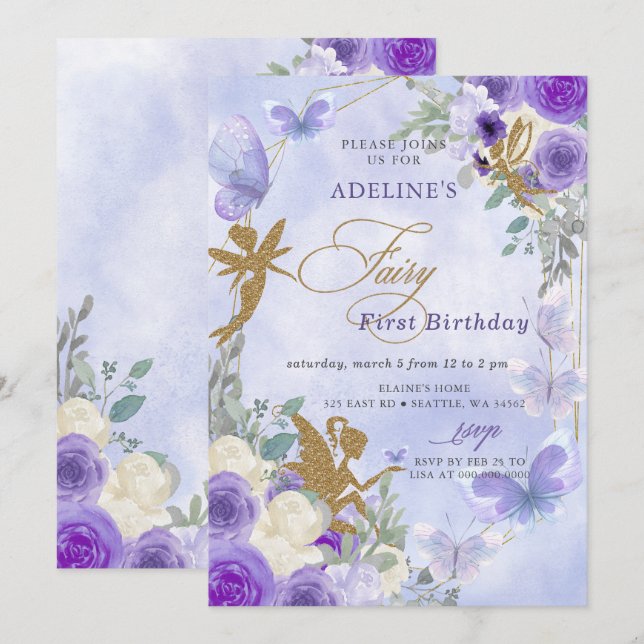Invitation Papillons Purple Gold Fairy Premier anniversaire (Devant / Derrière)