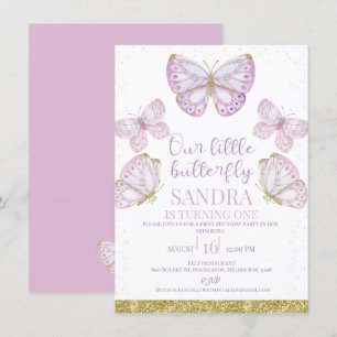 Invitation Papillons Purple Gold Filles 1er anniversaire Invi