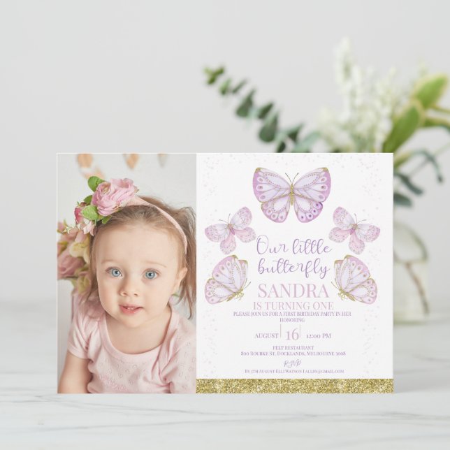 Invitation Papillons Purple Gold Filles Photo 1er anniversair (Debout devant)