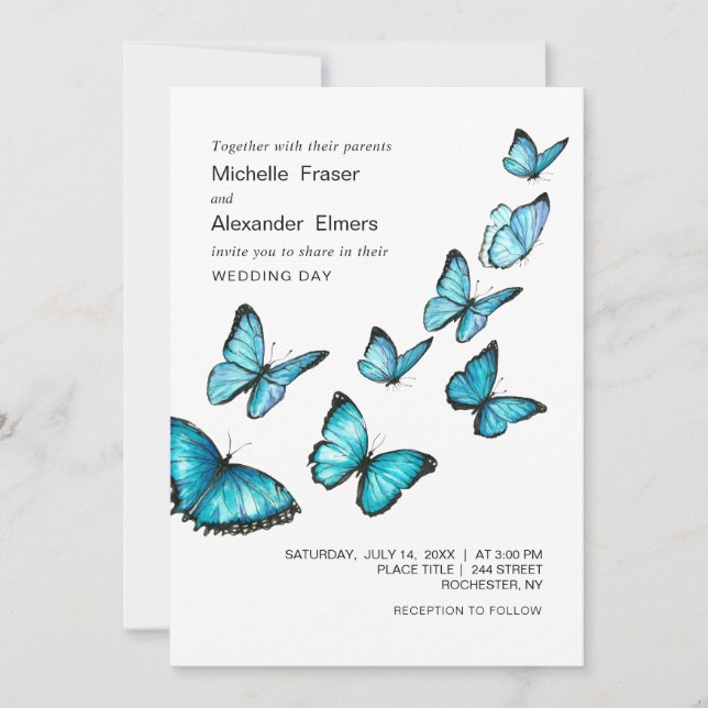 Invitation Papillons romantiques bleus. Elégant Mariage aéré (Devant)
