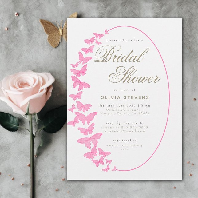 Invitation Papillons rose Boho Frame Elégante Fête des mariée (pink butterflies elegant calligraphy boho frame bridal shower invitation modern romantic chic gold)