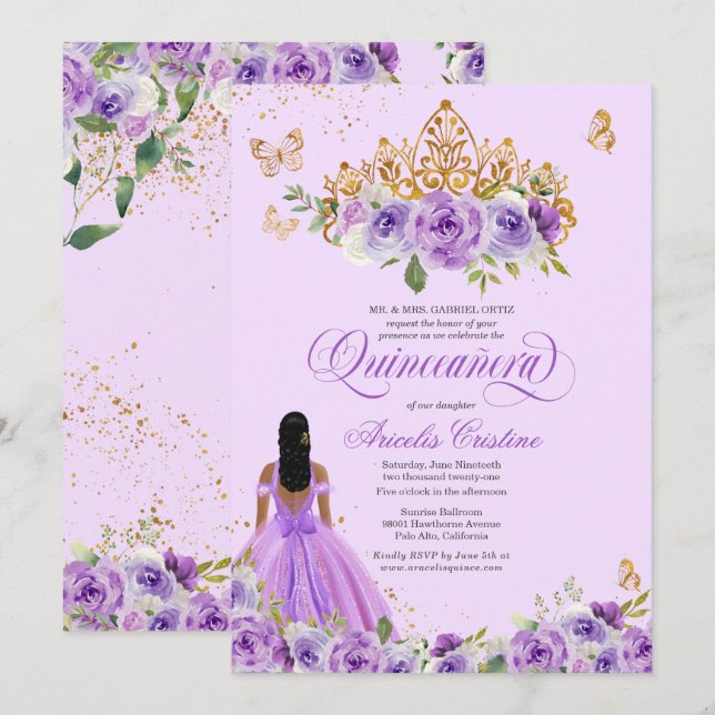 Invitation Papillons Rose d'aquarelle pourpre Quinceañera I (Devant / Derrière)