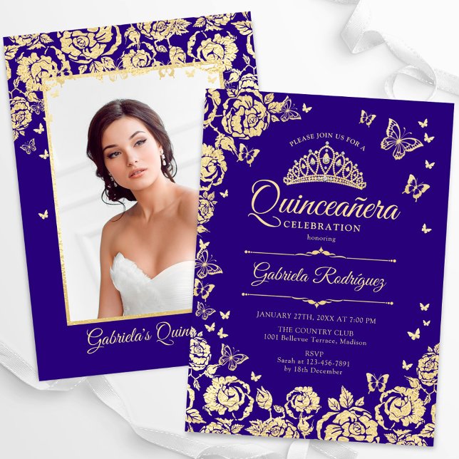 Invitation Papillons Rose d'or pourpre Quinceanera Photo (Créateur téléchargé)