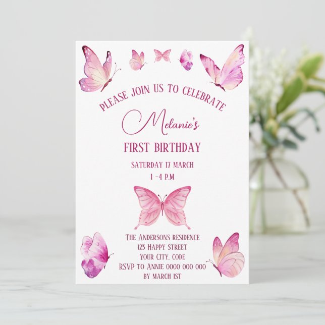 Invitation Papillons rose doux simple (Debout devant)