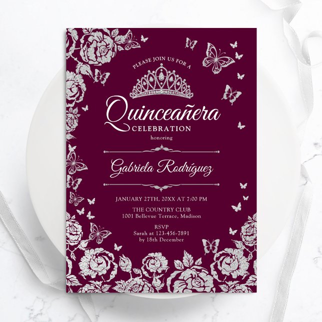 Invitation Papillons Rose en argent de Bourgogne Quinceanera (Créateur téléchargé)