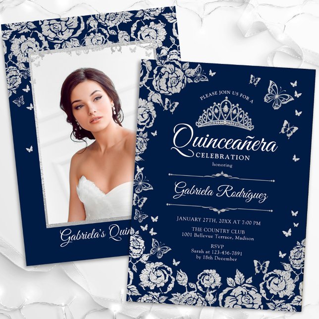 Invitation Papillons Rose en argent de la Marine Quinceanera  (Créateur téléchargé)
