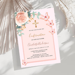 Invitation Papillons rose en or arc floral Confirmation