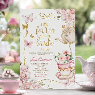 Invitation Papillons rose floral Fête des mariées Tea Party