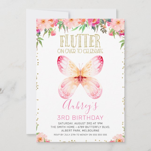 Invitation Papillons rose floral Parties scintillant or Texte (Devant)