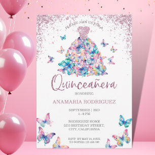 Invitation Papillons rose Gold Sparkling Gown Quinceanera