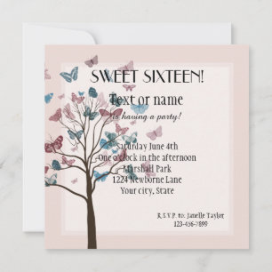 Invitation Papillons rose pâle Sweet sixteen de l'arbre