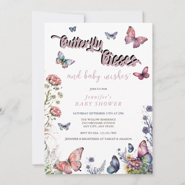 Invitation Papillons rose pourpre | Baby shower floral (Devant)