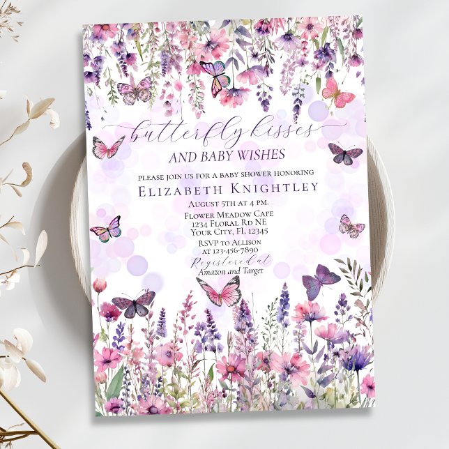 Invitation Papillons rose pourpre et Baby shower Fleur sauvag (Créateur téléchargé)