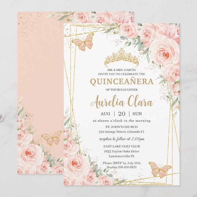 Invitation Papillons Rose Quinceañera Doux Blush (Devant / Derrière)
