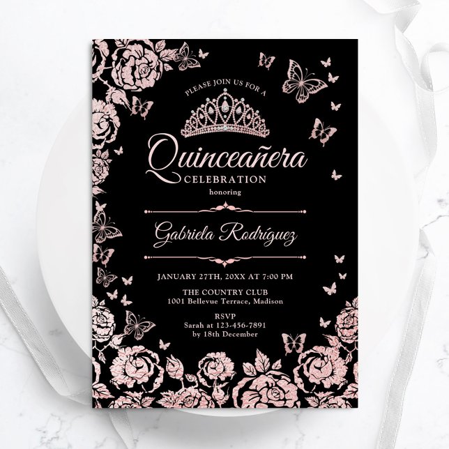 Invitation Papillons Rose Rose d'or noir Quinceanera (Créateur téléchargé)