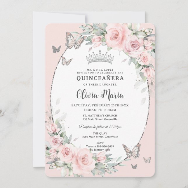 Invitation Papillons Rose rose pâle Quinceañera (Devant)
