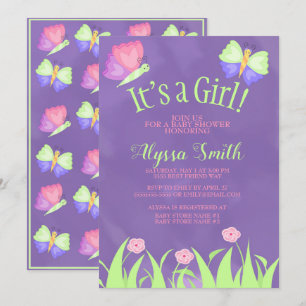 Invitation Papillons rose vert pourpre Baby Girl Douche