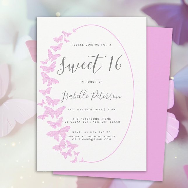 Invitation Papillons roses Boho Frame Élégant Chic Sweet 16 (pink butterflies boho frame sweet 16 birthday party invitation sweet sixteen elegant trendy simple)