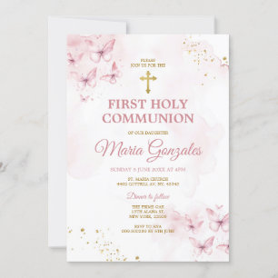 Invitation Papillons roses Croix d'or Première communion sain