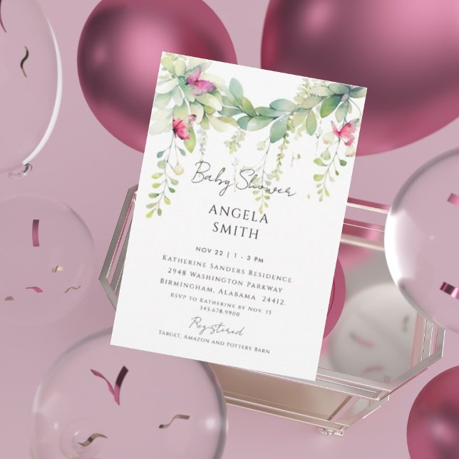 Invitation Papillons roses gouttes Baby shower de feuillage (Créateur téléchargé)