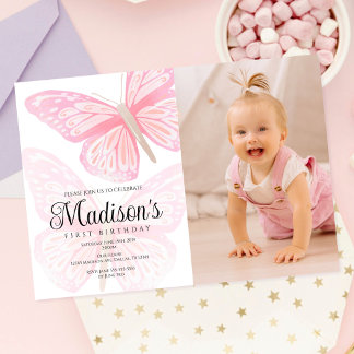 Invitation Papillons roses jolis aquarelle Premier anniversai