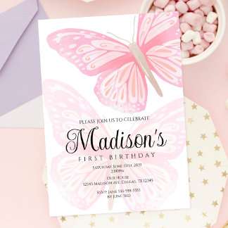 Invitation Papillons roses jolis aquarelle Premier anniversai