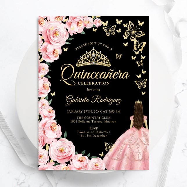 Invitation Papillons Roses Roses Roses Roses Noires Quinceane (Créateur téléchargé)