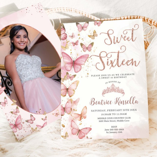 Invitation Papillons roses Sweet sixteen 16 Anniversaire Phot (Créateur téléchargé)