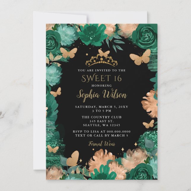Invitation Papillons Roses verts Noir Or doux 16 (Devant)