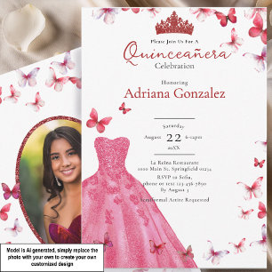 Invitation Papillons rouges Robe Photo 15 XV Quinceanera