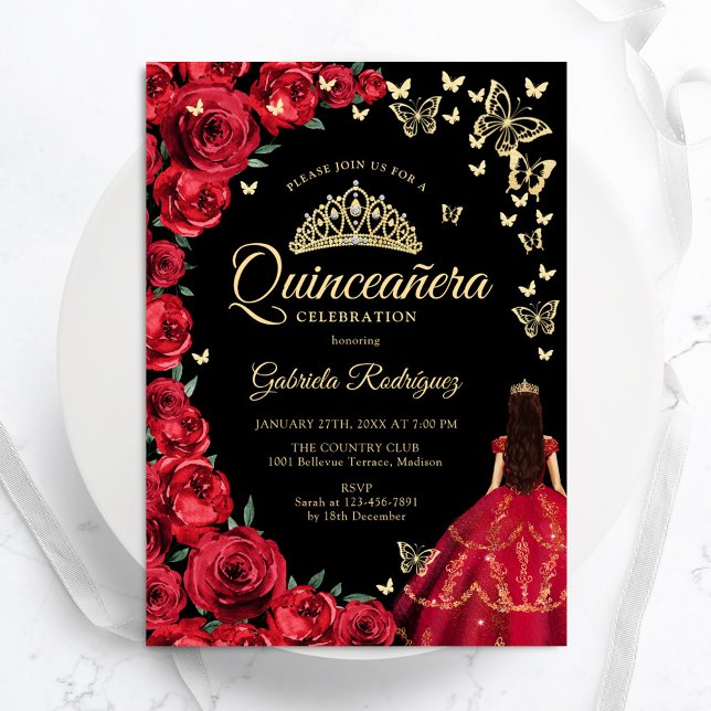 Invitation Papillons Rouges Rouges Noir Quinceanera (Créateur téléchargé)