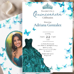 Invitation Papillons sarcelle Robe Diadème Photo Quinceanera