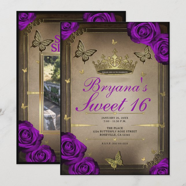 Invitation Papillons Tiara Bright Violet Rose doux 16 (Devant / Derrière)